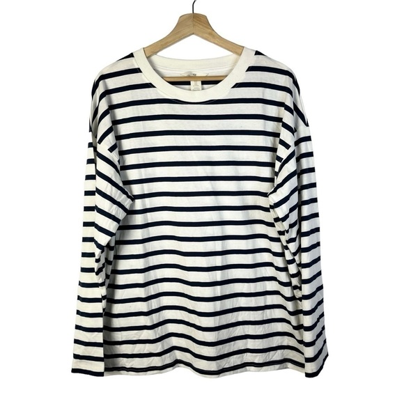 H&M White & Blue Stripe Drop Shoulder Boyfriend Long Sleeve T-Shirt M - Picture 1 of 4